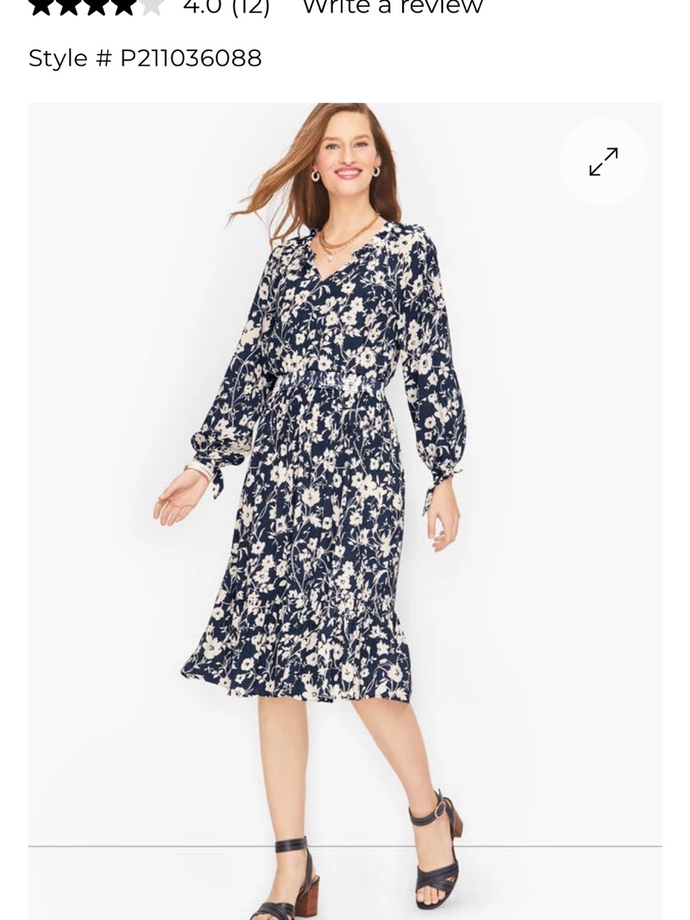 Talbots Smocked Split Neck Navy and White Floral Long Sleeve Dress - Size L